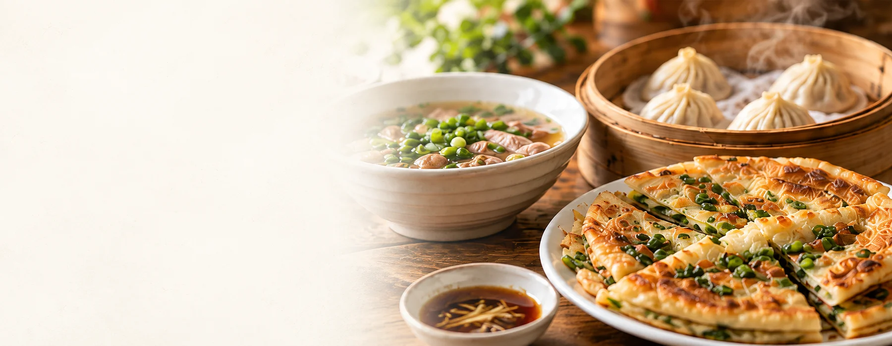 宜蘭湯品、點心與蔥餅的美食情境示意圖